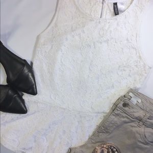 H&M White Lace Peplum Top